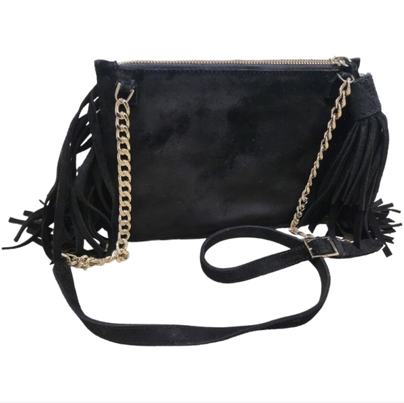 𝅺ALICE+OLIVIA Black Suede Fringe Studded Tassel Crossbody Bag - Picture 4 of 15